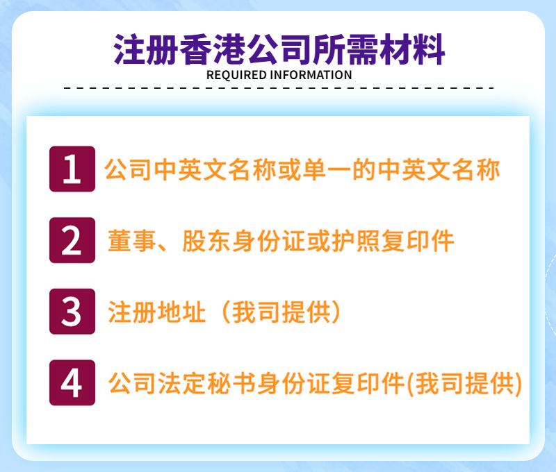 香港公司注册所需资料